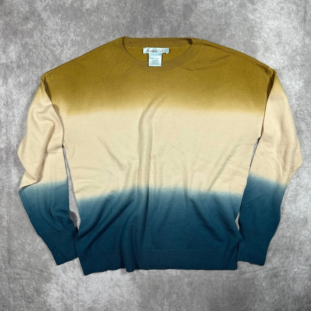 Heather B Women M Ombre Crewneck Sweater Mustard Teal Blue Acrylic Knit Top Fall
